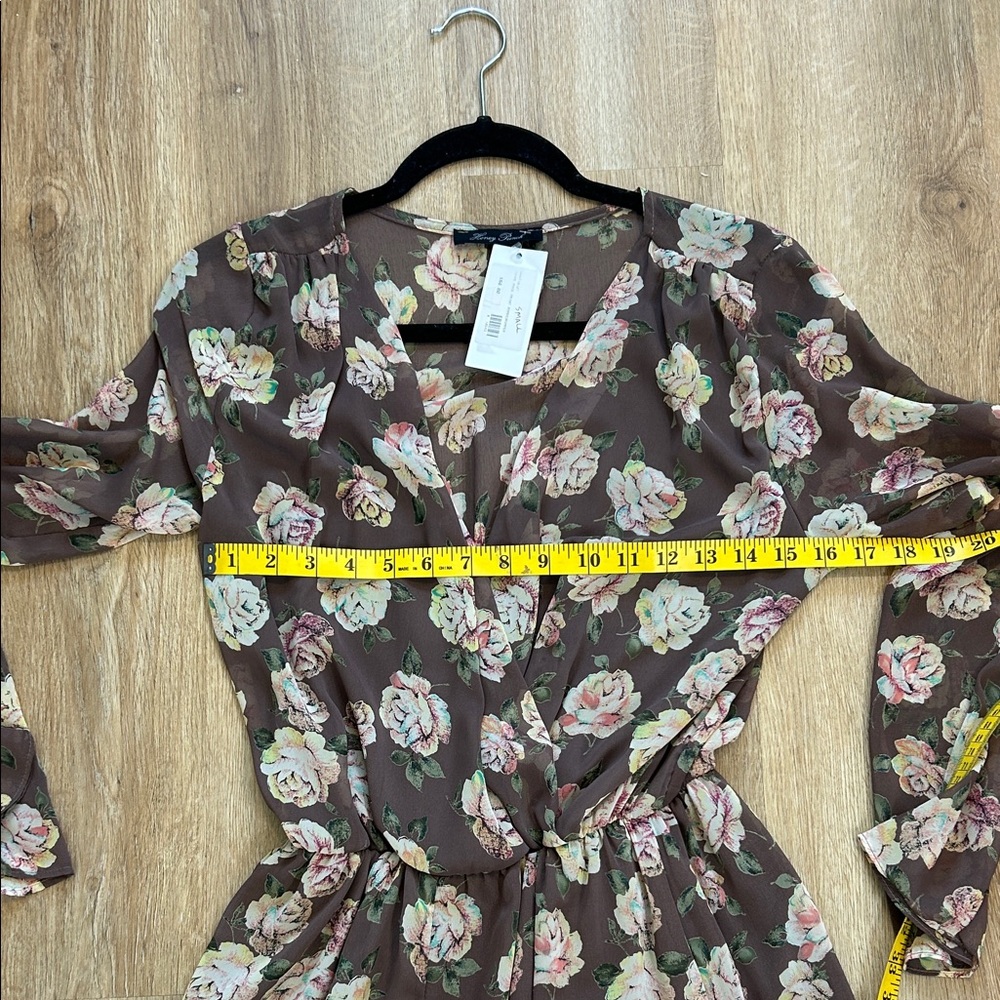 Honey Punch Brown Floral Surplice Long Sleeve Romper - Picture 10 of 11